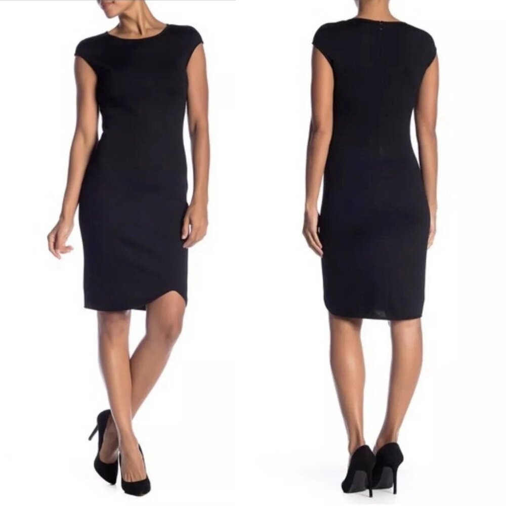 NWT ST. JOHN Milano Knit Black Caviar Wool Cap Sleeve Sheath Shift Dress LBD 6 S